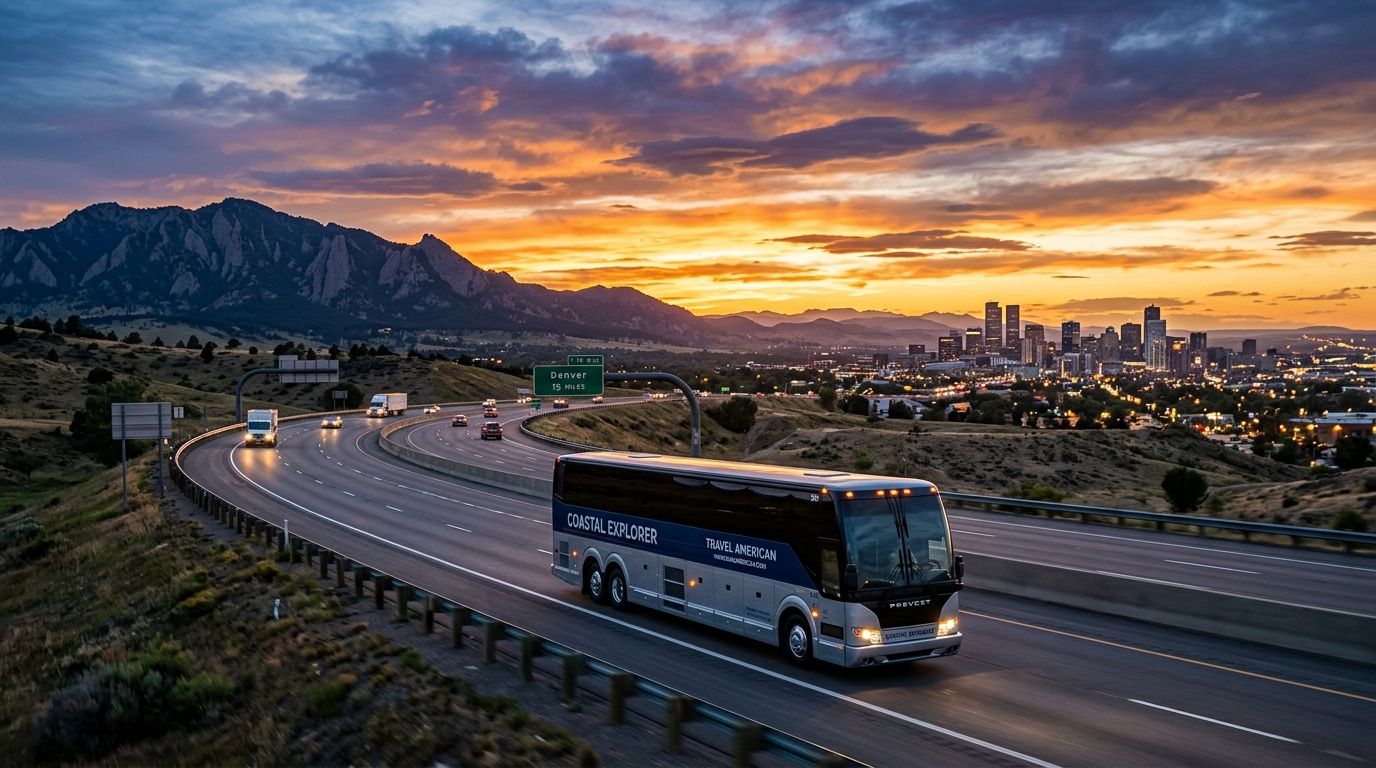 Modern coach bus on American highway at sunset